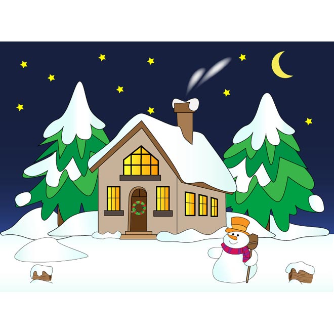 Description Vector Snowman With House Winter Scene Snow Falling Night