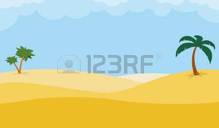 Sunny desert background with palm trees on rolling golden sand dunes under  a hot blue tropical