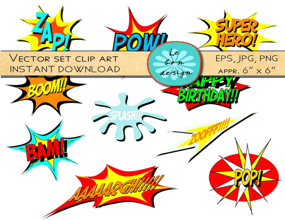 Digital Clip Art Vector Comic Book Superhero Text Personal And
