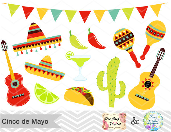 Digital Mexican Fiesta Clip Art, Cinco de Mayo Digital Clipart, Digital Mexican Party Clip Art, Sombrero, cactus, guitar, pinata, taco 00177