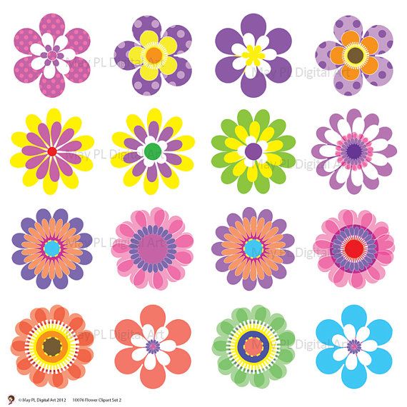 Digital Spring Flowers Clipart Clip Art Floral Scrapbooking Embellishment Supplies Digital Clipart Pink Green Blue Purple