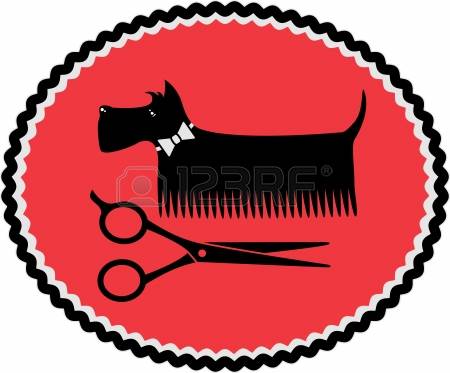 dog grooming: red sign in frame with grooming dog and scissors