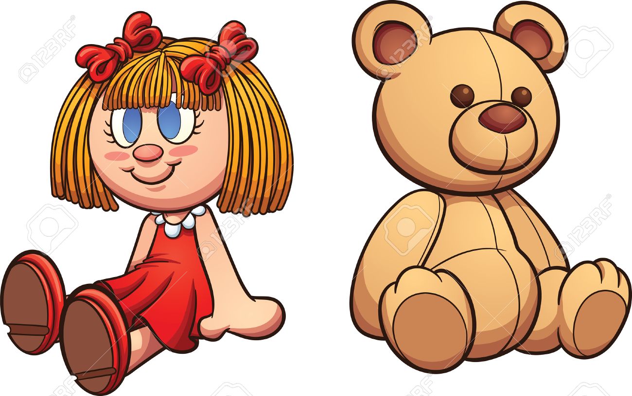 Teddy bear and doll. clip art illustration with simple gradients. Each on a  separate