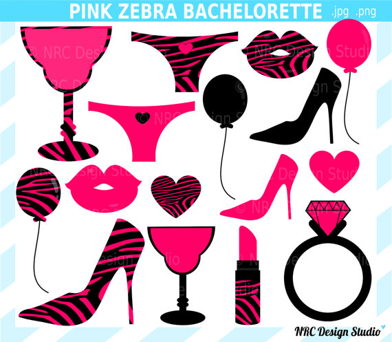 DOLLAR SALE - Engagement Party Clip Art - Pink Zebra Bachelorette Party Clip Art - Wedding Diamond Ring, Heart Balloon, Lingerie Clipart