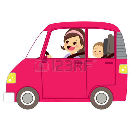 driving: Beautiful young mom driving pink car with baby on back seat of vehicle