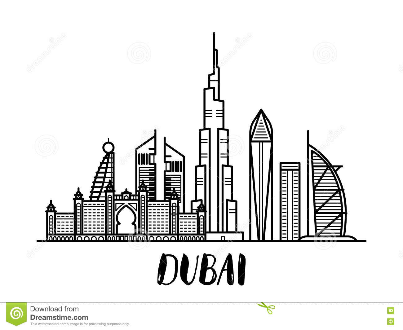 Dubai landscape line art illustration with modern lettering. Famous  landmark with modern lettering Royalty Free