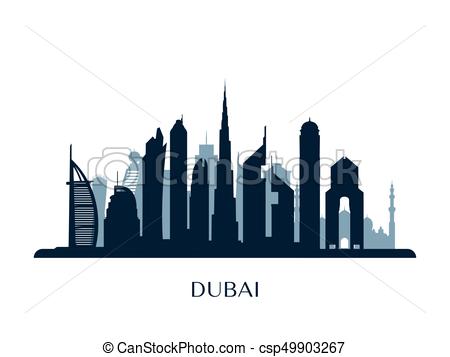 Dubai skyline, monochrome silhouette. - csp49903267