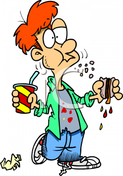 Messy guy eating fast food and spilling it on himself - Royalty Free Clipart  Image