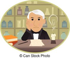 ... Edison - Cartoon Thomas Edison is sitting behind his desk.