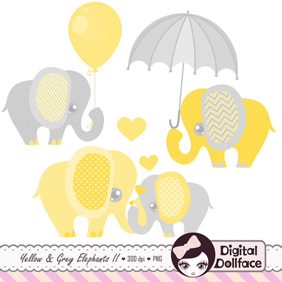 Elephant Baby Shower Clipart, Baby and Mommy, Elephant with Balloon / Umbrella Clip Art