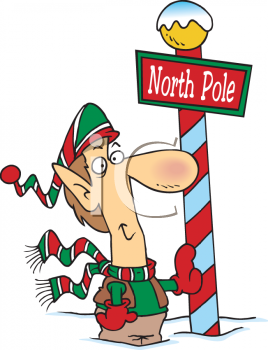 Elf Standing by the North Pole Sign - Royalty Free Clip Art Illustration