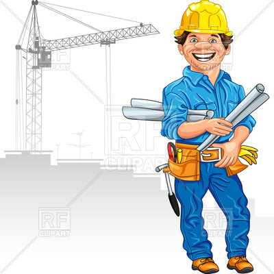 Cheerful engineer (builder) in the yellow helmet with the drawing in hand,  ClipartLook.com 