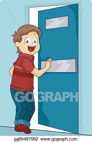 Kid Boy Pushing a Door To Ent - Enter Clipart