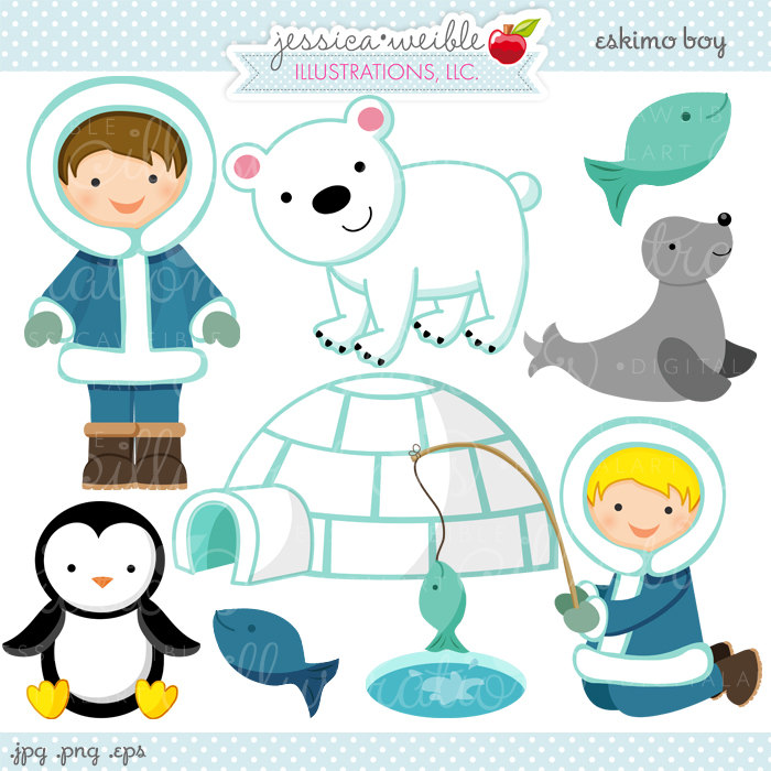 Eskimo Boy Cute Digital Clipart - Commercial Use OK - Eskimo Graphics, Eskimo Clipart, Igloo, Fishing