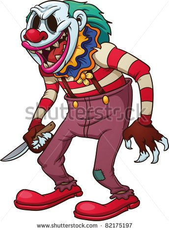 Evil looking clown holding a .