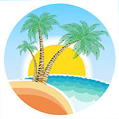 Exotic tropical island with palms and sun on round symbol