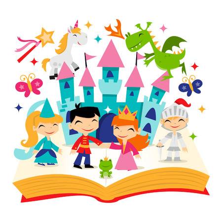 A cartoon illustration of cute retro magical fairy tale kingdom story book.  Its filled with