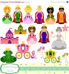 Fairy tale Princess, clip art set, 15 designs. INSTANT Fairytale Clipart for  Personal and commercial use