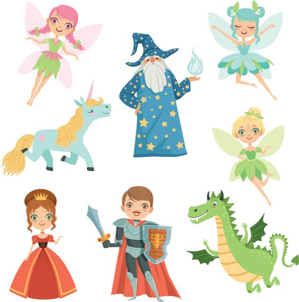 Fairytale characters set in different costumes. Princess, funny unicorn.  Wizard, dragon and