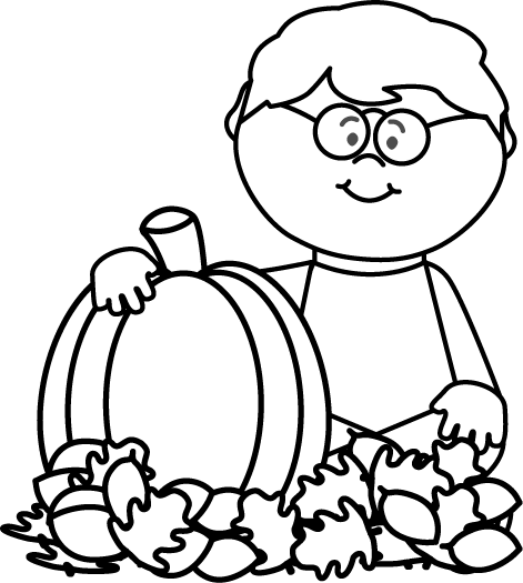 Black and White Boy Sitting in Leaves with Pumpkin