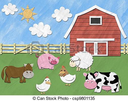 ... Farm animals stand in front of barnyard on sunny day