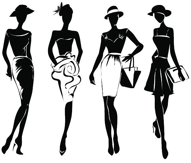 Black and white retro fashion models in sketch style vector art illustration