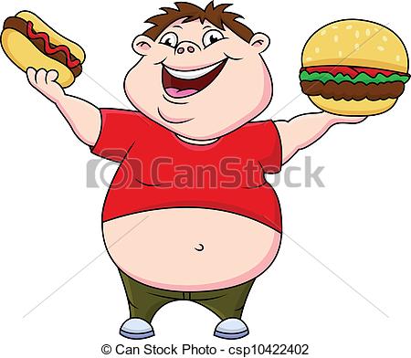 ... Fat boy with burger and hot dog