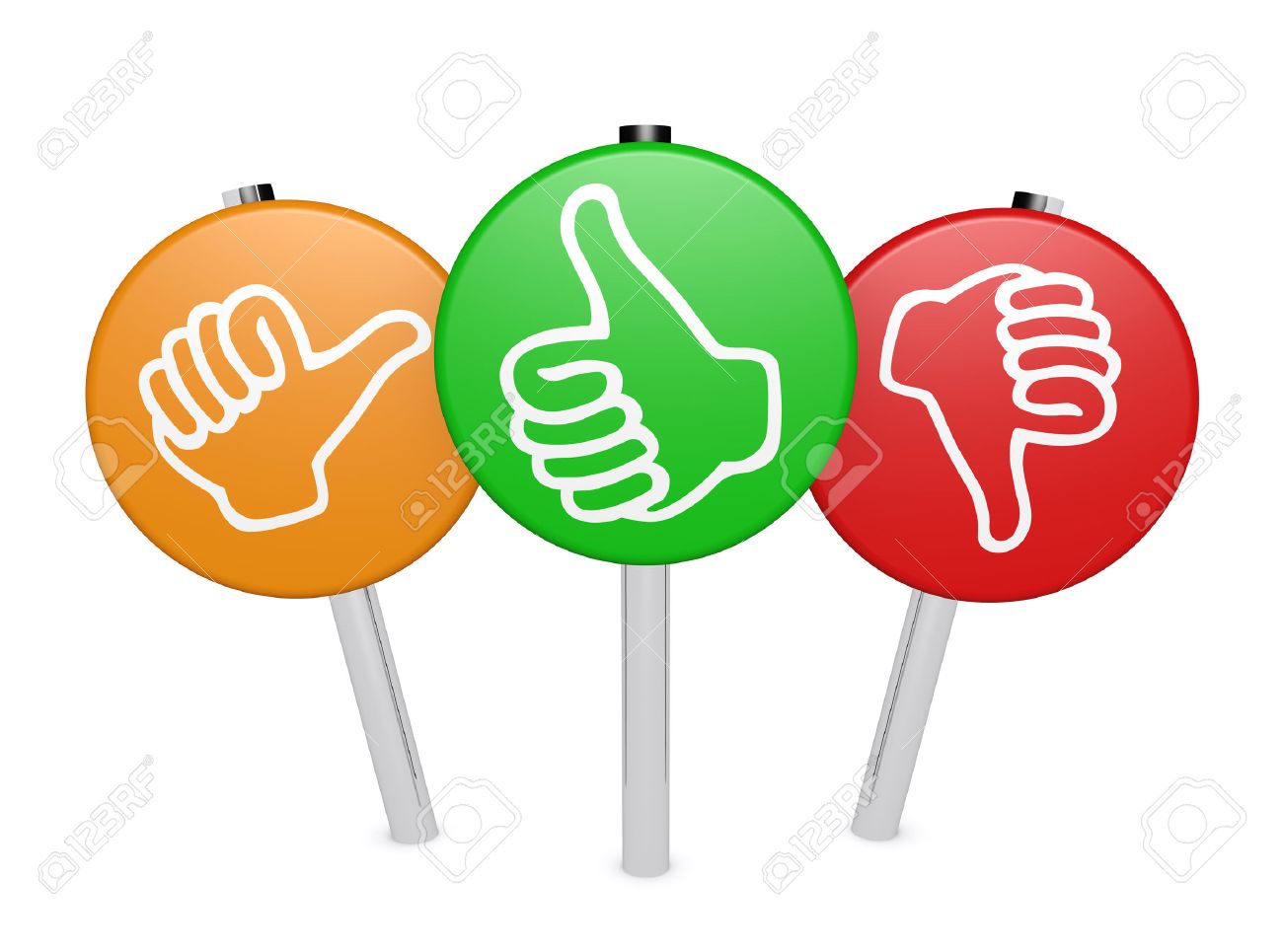 Customer business feedback, rating and survey positive and negative sign  post with thumb up and