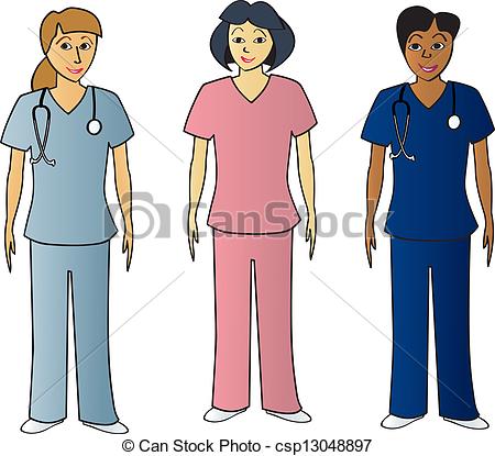 Female Health Pros in Scrubs - Three female healthcare.