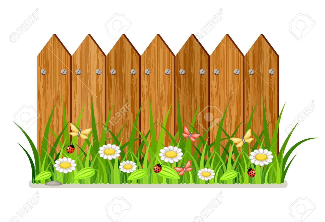 Wooden fence with grass and flowers