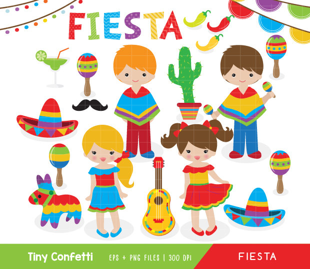 fiesta clipart, cinco de mayo clipart, mexican fiesta clip art, pinata clipart, sombrero, guitar, cactus, chili, kids, cute, fiesta birthday