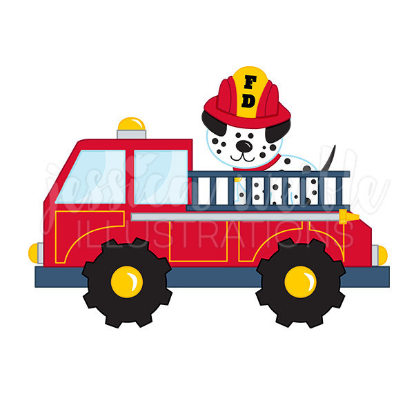 Fire Truck with Dalmatian Cute Digital Clipart, Fire Truck Clip art, Firetruck Graphics, Fire Truck with Dalmatian Illustration, #125