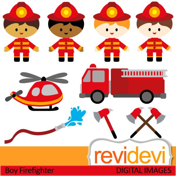 Firefighter cliparts. Boys in firefighter costume, and transportation. These digital images are great