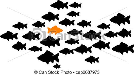 ... fish school - school of fish with one orange fish swimming... ...