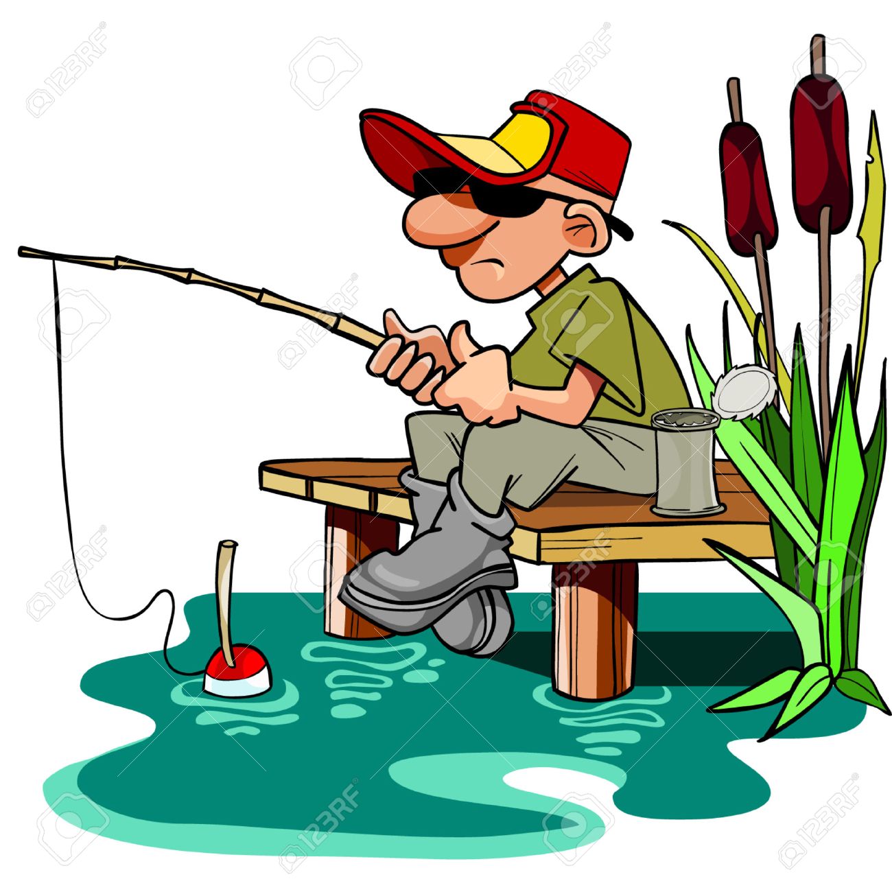 cartoon fisherman with a fishing pole sitting on the dais