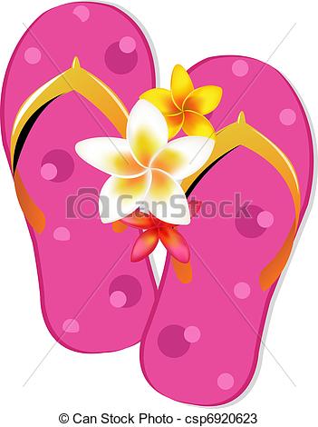 Flip Flop Sandals With Plumeria Flowers, Isolated On White.