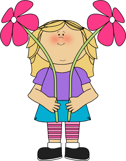 Flower Girl Clip Art Image - little girl holding two tall and skinny flowers .