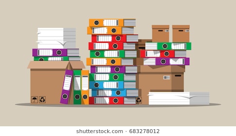 Pile of paper documents and file folders. Carton boxes. Bureaucracy,  paperwork, office