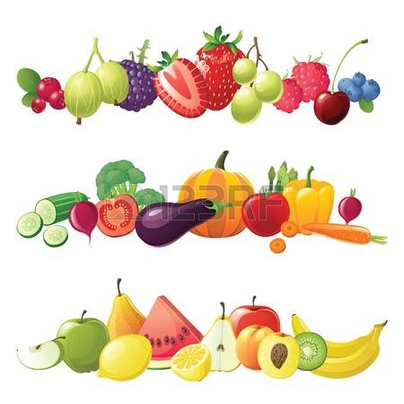 food border: fruits vegetables and berries vector borders