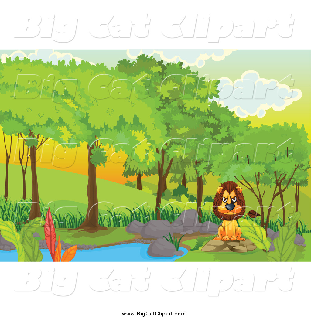 Big Cat Cartoon Vector Clipart of a Mad Lion Sitting at a Pond in a Forest