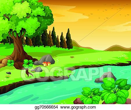 The flowing river at the fore - Forest Clipart