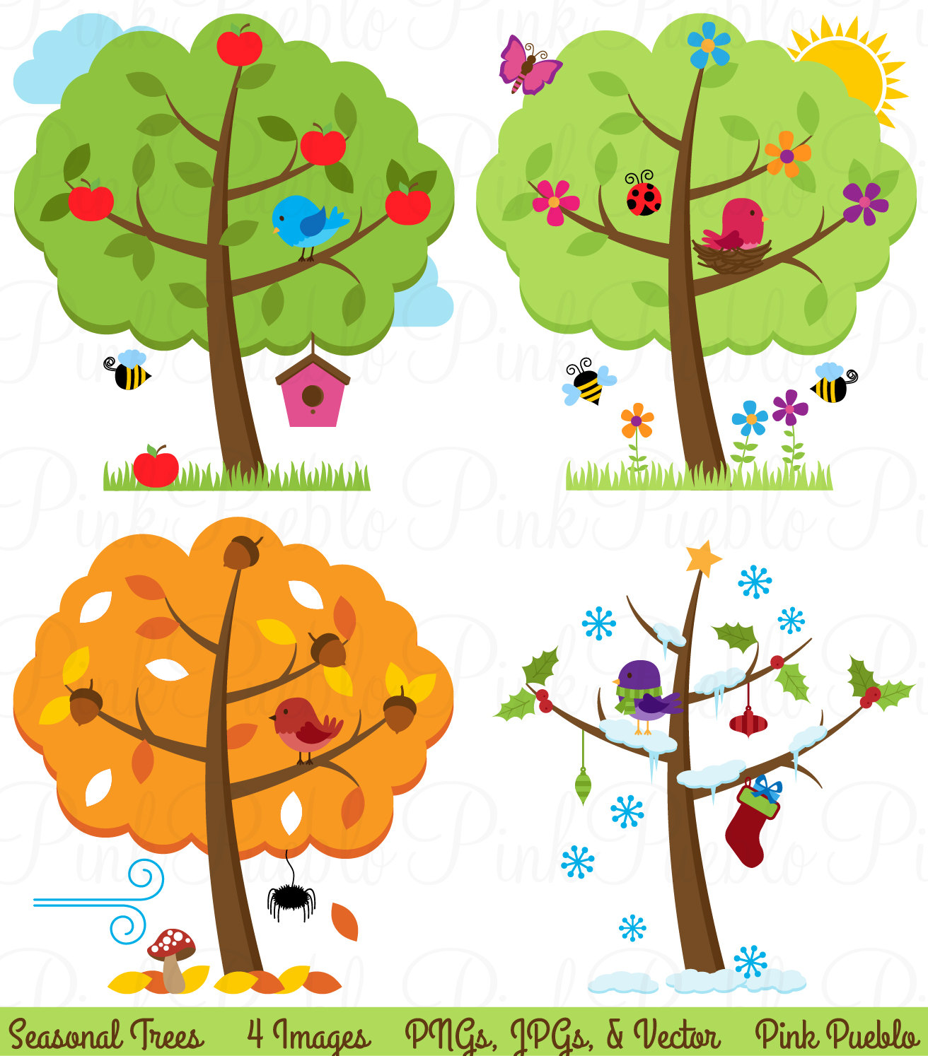 Four Seasons Trees Clipart Clip Art, Seasonal Trees and Birds Clipart Clip Art Vectors - Commercial and Personal Use