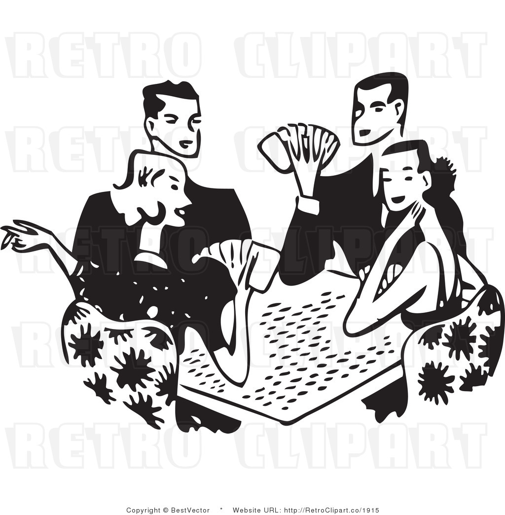 Free Black And White Retro Vector Clip Art Of Couples Playing Cards