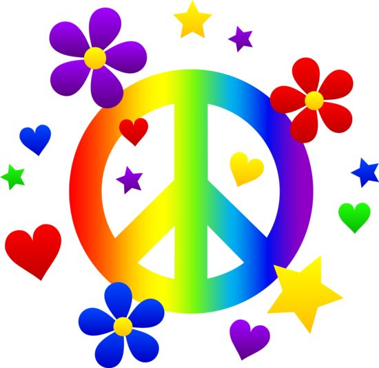 Free clip art of a rainbow peace sign with hearts stars and