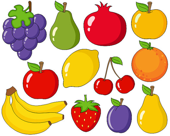 Cute Fruits Digital Clip Art, Grapes, Apple, Bananas, Pear, Plum, Orange,  Cherry Clipart - Instant Download