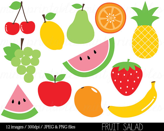 Fruit Clipart Clip Art, Fruit Salad, Watermelon, Pineapple, Apple, Pear,  Cherry, Food Clipart - Comm
