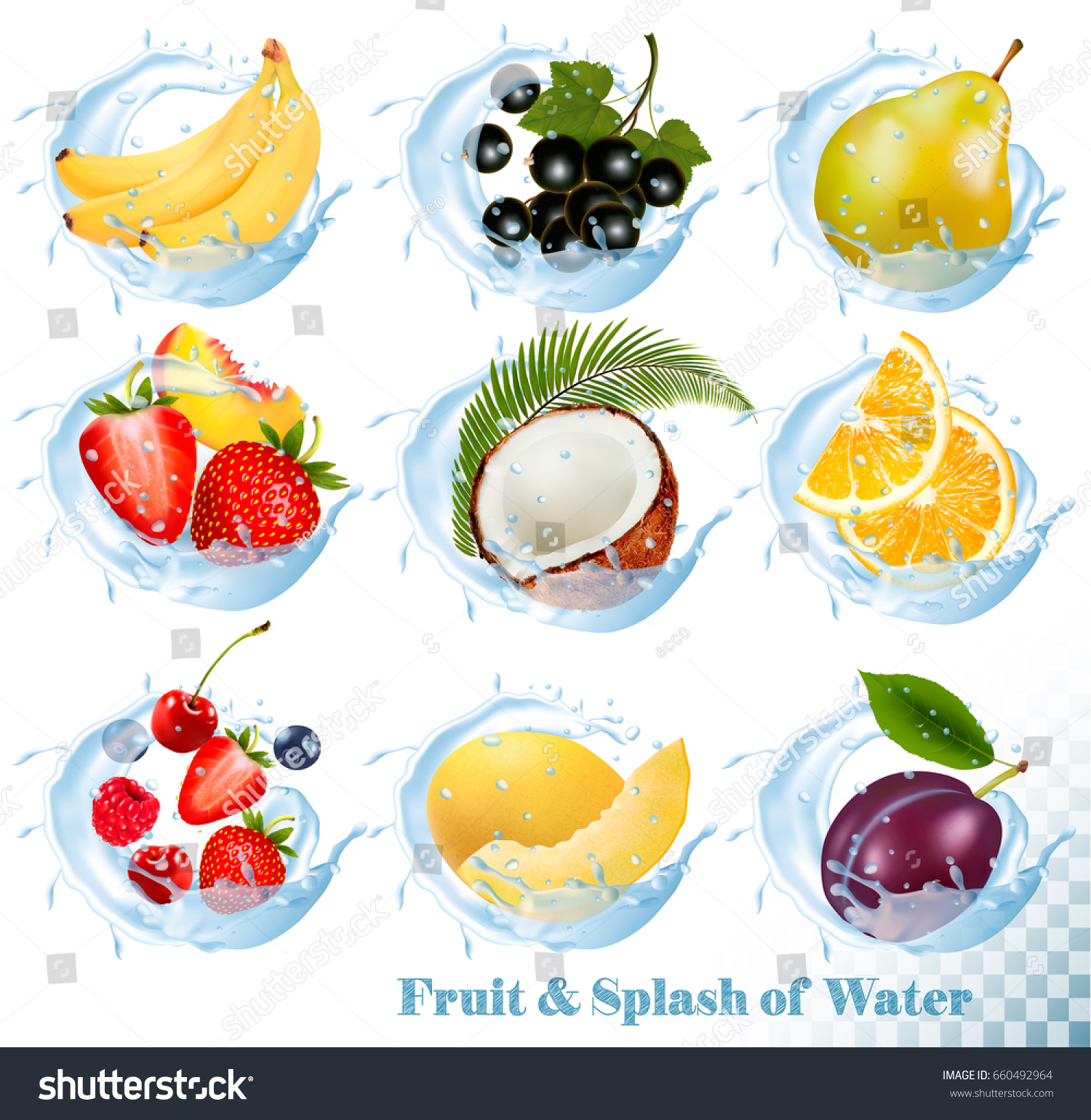 Big collection of fruit in a water splash icons. Banana, coconut, peach,