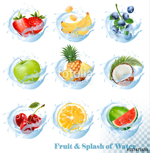 Big collection of fruit in a water splash icons. Pineapple, apple, banana,  watermelon, blueberry, guava, strawberry, coconut, cherry, raspberry,  orange.