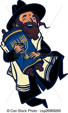 ... Funny cartoon jewish man dancing with Torah. Vector.