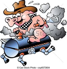 Funny Pig Roast Clipart. Vector - Pig riding on a BBQ .